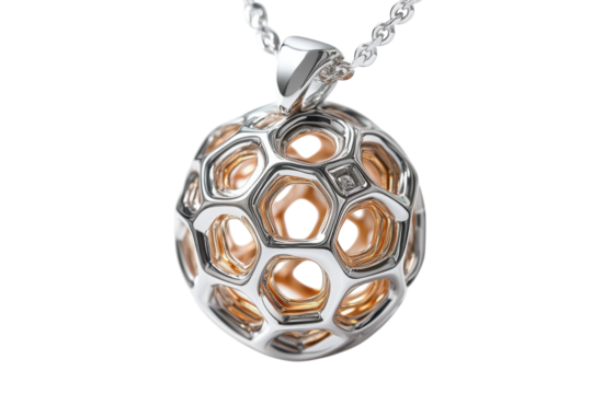 Intricate silver and gold pendant showcasing a unique honeycomb design on a delicate chain necklace