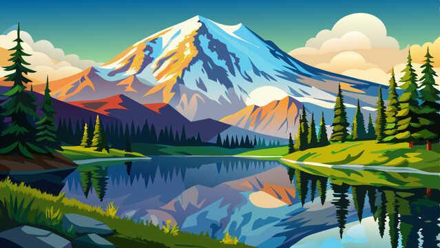 Washington State, Mount Rainier National Park. Snowcapped Mount Rainer and low clouds, view from Reflection Lakes area