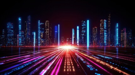 Futuristic Cityscape at Night with Neon Lights and Abstract Data Streams