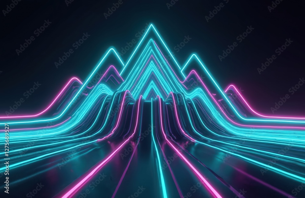 Poster abstract neon background with glowing ascending lines in pink and turquoise. futuristic wallpaper de