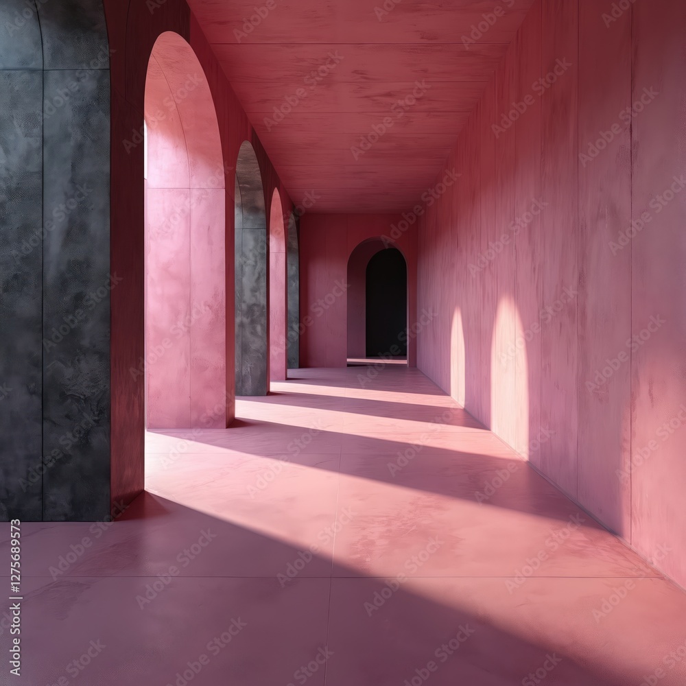 Poster pink colored arches hall with concrete walls and floor. modern architecture, interior design concept