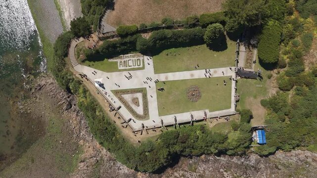 Aerial view of Fuerte San Antonio, a historical fort in Ancud, located on the coast of Chiloe Island, Chile. pedestal down