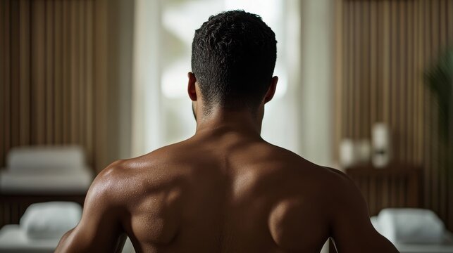 Shoulder stretch by a man in a tranquil hotel spa. Featuring wellness and relaxation