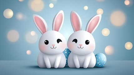 Fototapeta premium Two cute cartoon Easter bunnies winking with pastel Easter eggs on blue bokeh background. Easter celebrations and holiday greetings