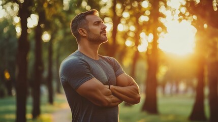 Shoulder stretch by a man in a tranquil park at sunset. Featuring focus and peace