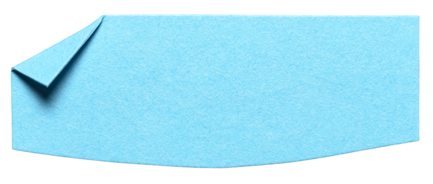 Light blue isolated cut out blank paper note cardboard with folded corner dog-ear earmark and copy space for text, transparent png background design element