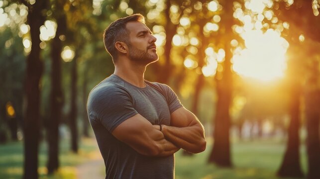 Shoulder stretch by a man in a tranquil park at sunset. Featuring focus and peace