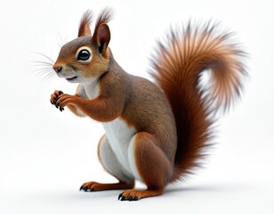 Squirrel standing upright on white isolate background. Rodent has furry body, bushy tail, bright eyes, attentive pose. Cute animal posing at studio. Lovely wild creature.