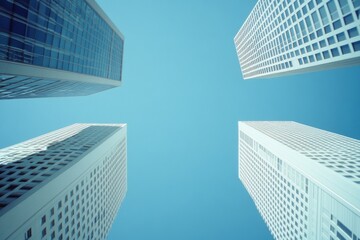 Fototapeta premium A perspective shot shows four skyscrapers reaching into the clear blue sky, forming an urban canyon.