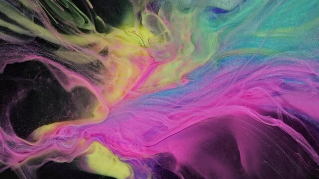 Dynamic abstract fluid art video with flowing pink, teal, and yellow hues, enhanced by sparkling glitter textures. Perfect for backgrounds, artistic visuals, or modern design elements.