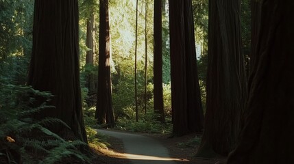 Fototapeta premium Serene Redwood Forest Pathway: Sunlight Filtering Through Ancient Trees