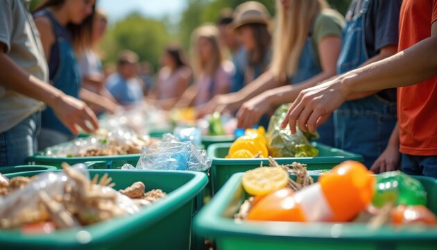 Community sorting recyclable materials into containers outdoors on sunny day. People participate in eco-friendly recycling event, waste management, promote sustainability, reuse, environmental