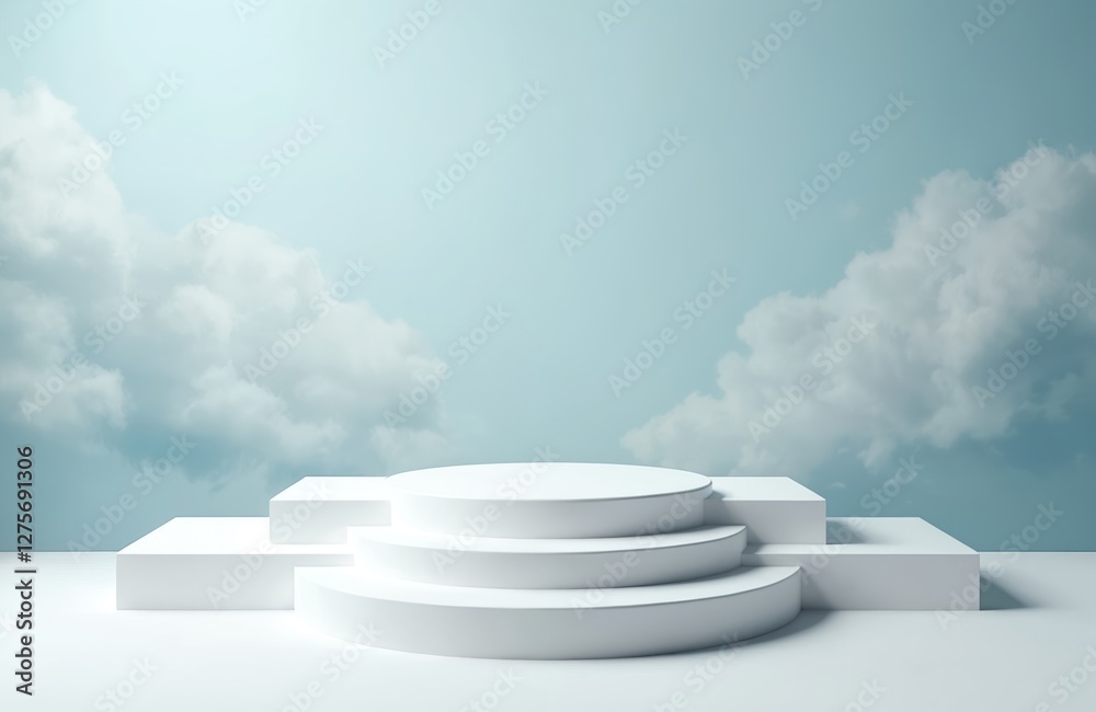 Aufkleber Front view of white podium with stairway on blue sky background with clouds. Abstract design concept of clean presentation pedestal template and minimalism showcase.