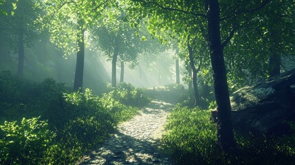 Obraz premium Sunlit Forest Path: A Misty Morning Walk