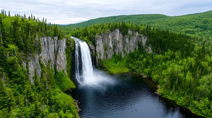 Obraz premium Majestic Waterfall Flowing Through Lush Green Forest Landscape