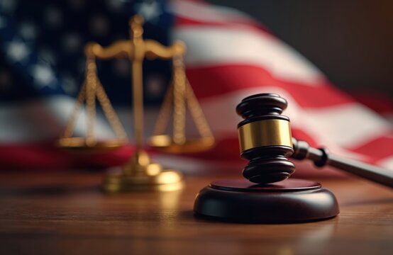 American flag, judge gavel and golden scale symbolize US justice system. Depicts judicial branch of government. Court, crime, law, authority, trial concept. Judgement, lawsuit, legislation banner.