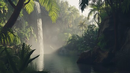 Naklejka premium Misty Rainforest Waterfall Scene: A Serene Jungle Oasis