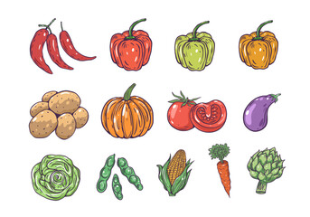 A Colorful Collection of Hand-Drawn Vegetables and Peppers Featuring Various Types