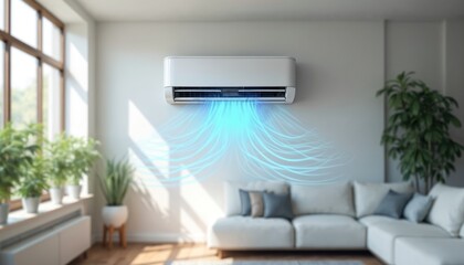 Air conditioner with blue airflow in living room. AC split unit with modern design, energy efficiency, inverter tech, cold fresh air ventilation on bright home background.