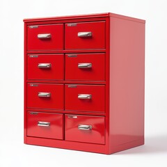 Fototapeta premium Bright red filing cabinet with multiple drawers and sleek handles isolated on white