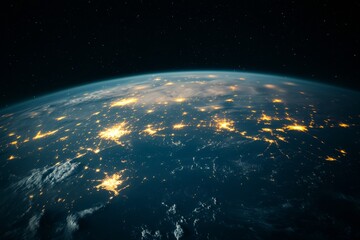 Obraz premium A view of Earth from space at night reveals a network of glowing city lights, highlighting the planet's bustling human activity against the dark void.