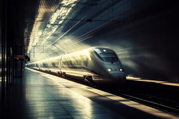 An ultra-modern train speeds through a futuristic station, awash in ethereal light, symbolizing innovation, swift movement, and technological advancement.