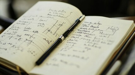 Fototapeta premium Handwritten Notes in a Notebook with a Black Pen on a Desk