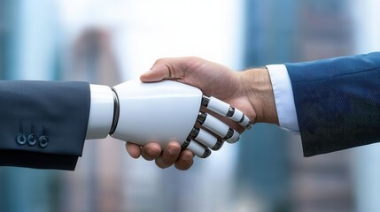 Handshake Between Human and Robot Hand Symbolizing Collaboration in Business Setting with Blue Tones