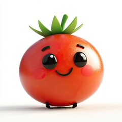Cute cartoon tomato character with large eyes and green leaves standing on a white background