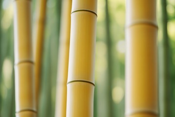 Obraz premium Tall, golden bamboo stalks rise majestically, standing in focus against a blurred, serene forest backdrop, embodying nature’s tranquility and strength.