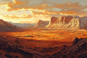 Naklejka premium Vast, orange desert landscape at sunset, with imposing sandstone cliffs and a dramatic sky.