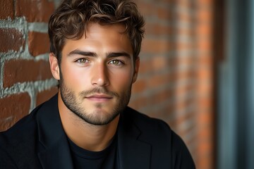 Fototapeta premium Handsome Man Leaning Brick Wall