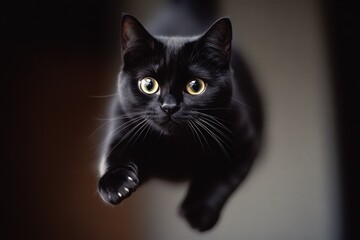 A close-up of a black cat mid-jump, with intense amber eyes focused forward and smooth fur glistening in soft lighting.