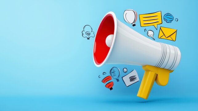 White Megaphone with Pixel Art Communication Icons on Light Blue Background