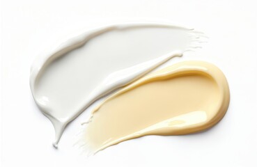 Smear of white and yellow skin cream on background. Liquid cosmetic beauty product texture for face or body care, smooth, oil colours, dripped light.