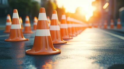 Traffic cones placed diagonally on a quiet asphalt road at sunset urban setting photograph warm atmosphere