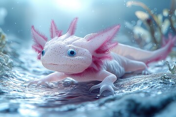 A Pale Pink Axolotl Rests Near Water