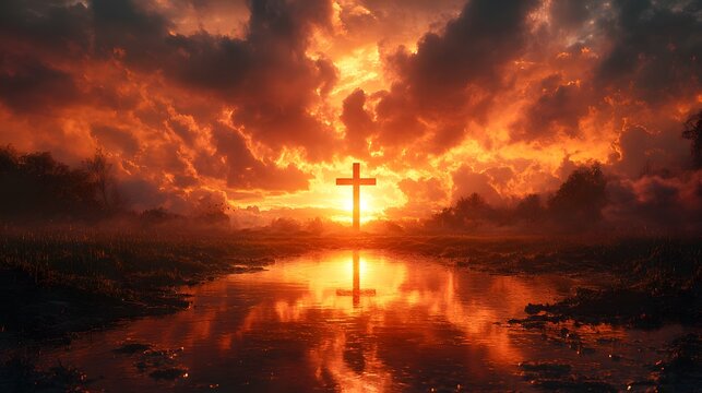 Scenic Cross At Sunset on a Grassy Hill Under Dramatic Sky