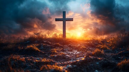 Scenic Cross At Sunset on a Grassy Hill Under Dramatic Sky