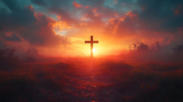 Scenic Cross At Sunset on a Grassy Hill Under Dramatic Sky