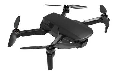 Black drone quadcopter with digital camera and sensors flying isolated on white