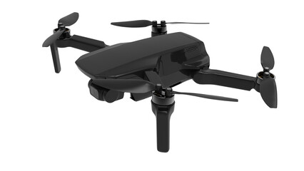 Black drone quadcopter with digital camera and sensors flying isolated on white