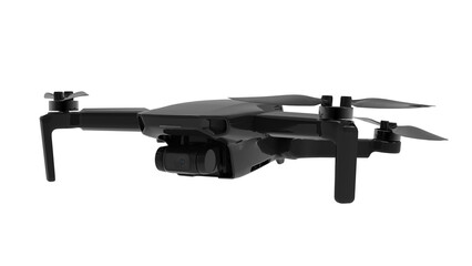 Black drone quadcopter with digital camera and sensors flying isolated on white