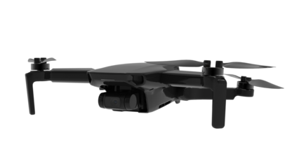 Black drone quadcopter with digital camera and sensors flying isolated on white