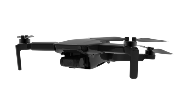 Black drone quadcopter with digital camera and sensors flying isolated on white