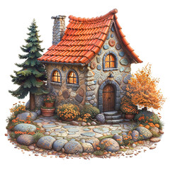 Fototapeta premium Charming Cartoonish House Surrounded By Lush Garden Elements On Transparent Background