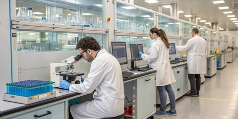 Science in the Spotlight: A team of dedicated scientists and researchers collaborate in a high-tech laboratory setting, conducting experiments and analyzing data.