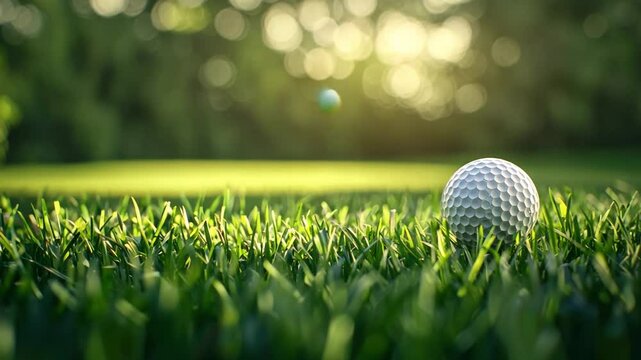 Close-up of a golf ball on lush green grass at sunset