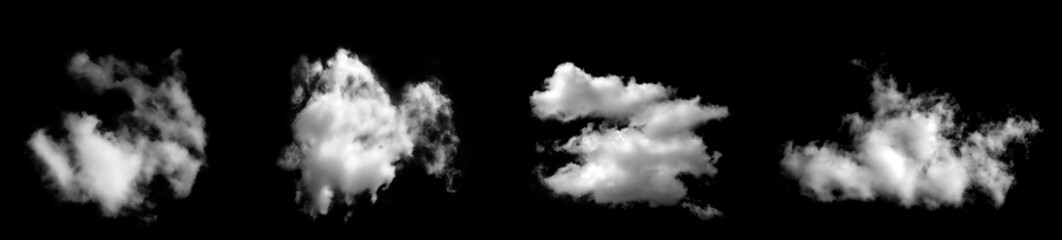Collection of white clouds or fog for fog design, smog, abstract clouds, fog over the sky, summer, dark grey storm, condensation, isolated on black background.
