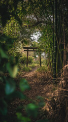 Narrow winding path through a dense bamboo grove, with a traditional wooden torii gate in the distance, blending nature with cultural heritage and a sense of adventure Generative AI